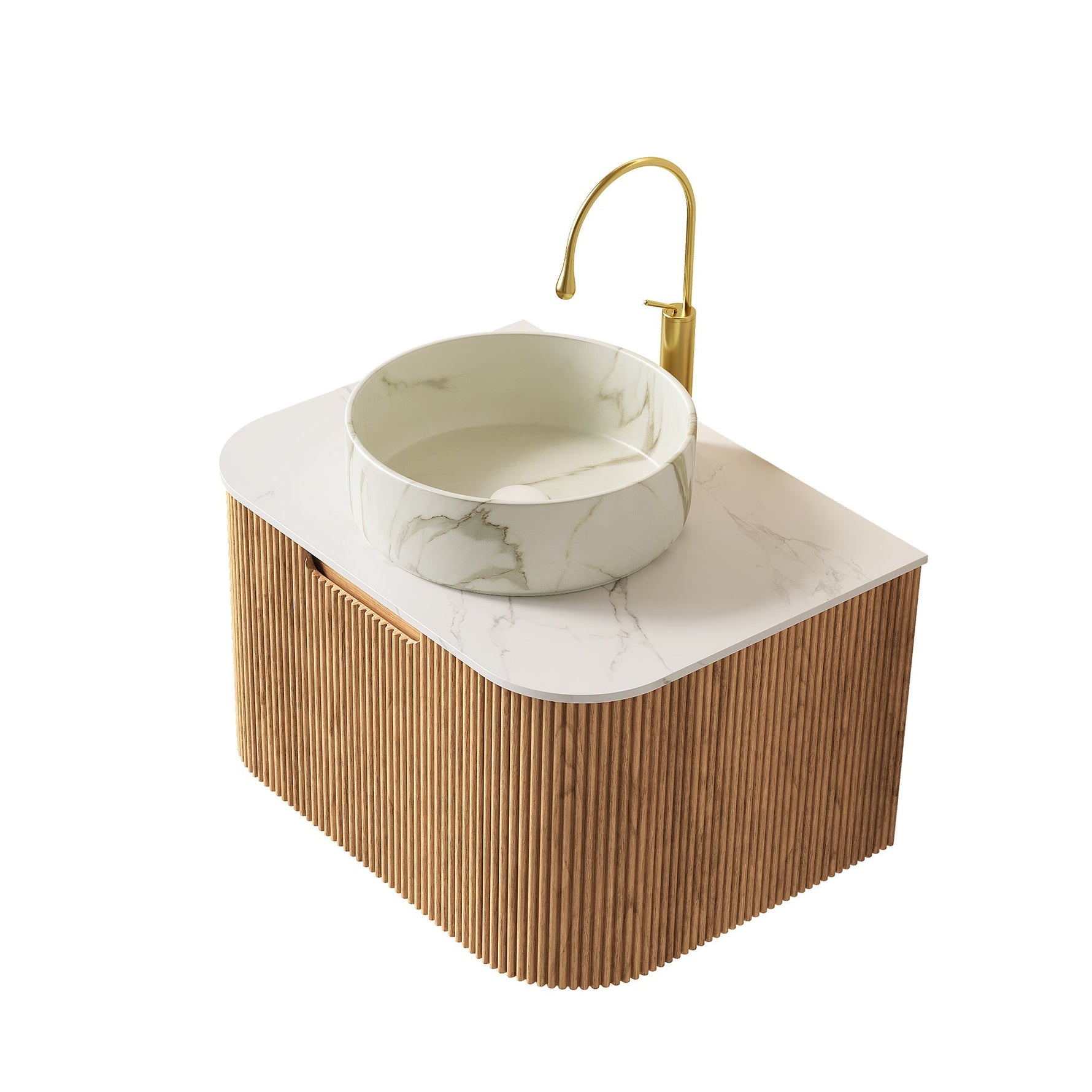 61cm Wall-Mounted Bathroom Vanity Unit with Ceramic Basin and Carrara White Top, Natural Wood Grain