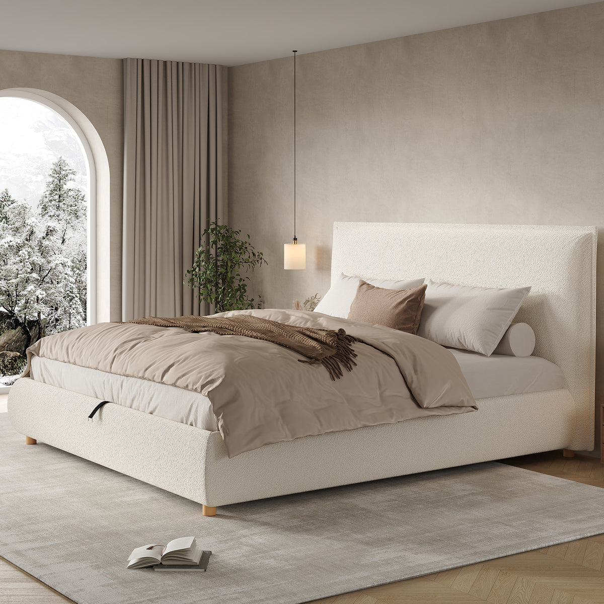 Upholstered Double Bed 180x200cm Hydraulic Storage White Bouclé