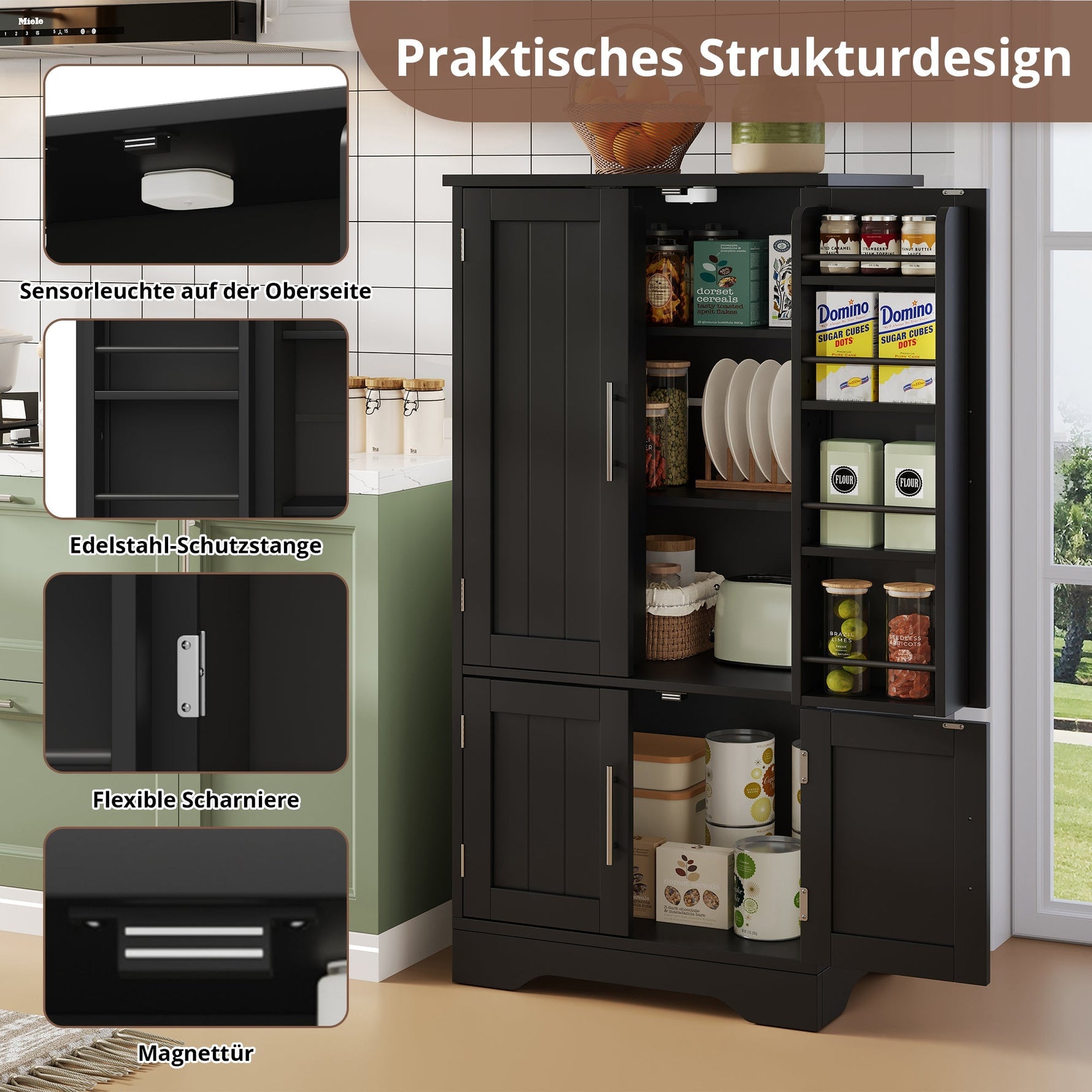 Kitchen Cabinet 4-Door Storage 120x60x40cm LED Sensor Light Black