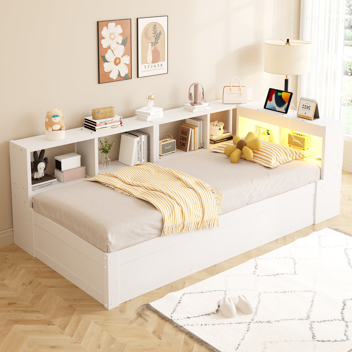 Sofa Bed 90x200 cm with Hydraulic Storage & LED - White