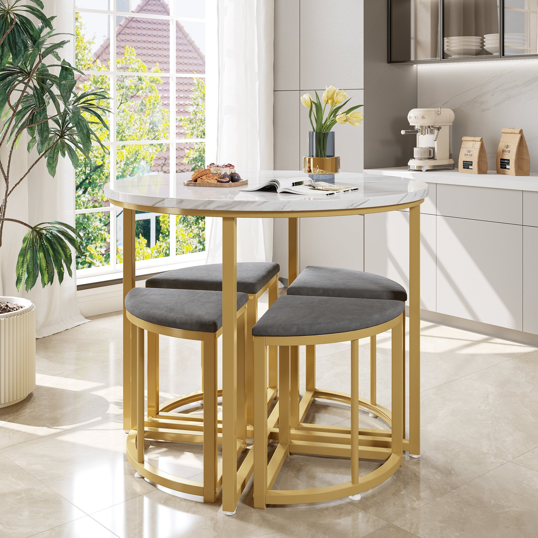 Dining Table Set 5-Piece Modern Luxury Gilded Iron Frame Grey Velvet