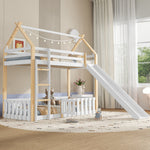 Bunk Bed with Slide & Ladder, Roof Shape, Pine + MDF + Plywood, White + Natural