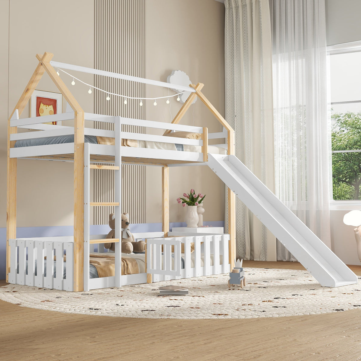 Bunk Bed with Slide & Ladder, Roof Shape, Pine + MDF + Plywood, White + Natural