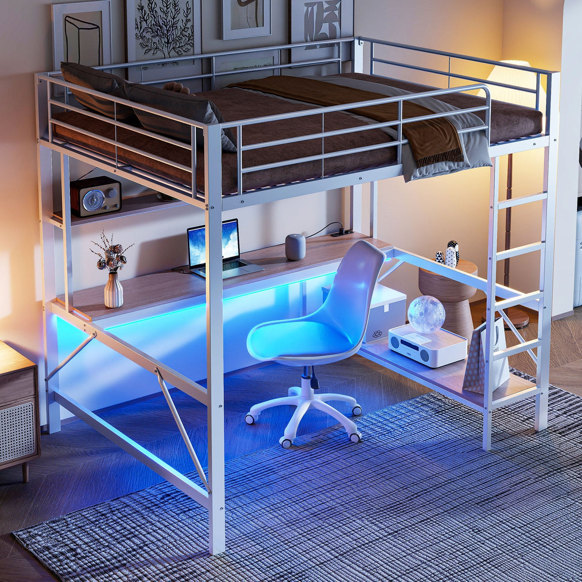 Loft Bed 140x200cm Desk Shelf LED USB/Power Outlet - White Metal