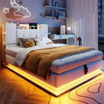Smart Upholstered Bed with LED, USB and Hydraulic Storage, Beige Velvet