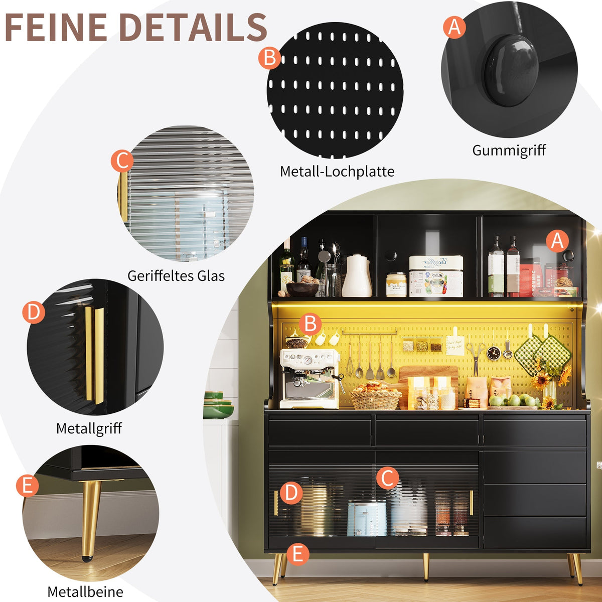 Modern Tall Cabinet with LED & App Control, Drawer, Pegboard Storage - Black