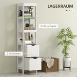 Slim Bathroom Cabinet, Tall with 2 Drawers, 3 Open Compartments, White