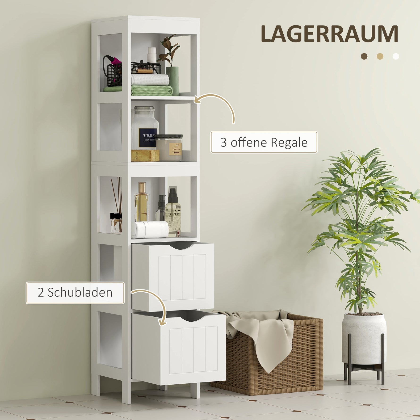 Slim Bathroom Cabinet, Tall with 2 Drawers, 3 Open Compartments, White