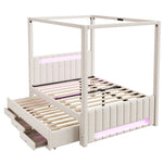 Upholstered Four-Poster Bed 140x200cm, 3 Drawers & LED, Beige