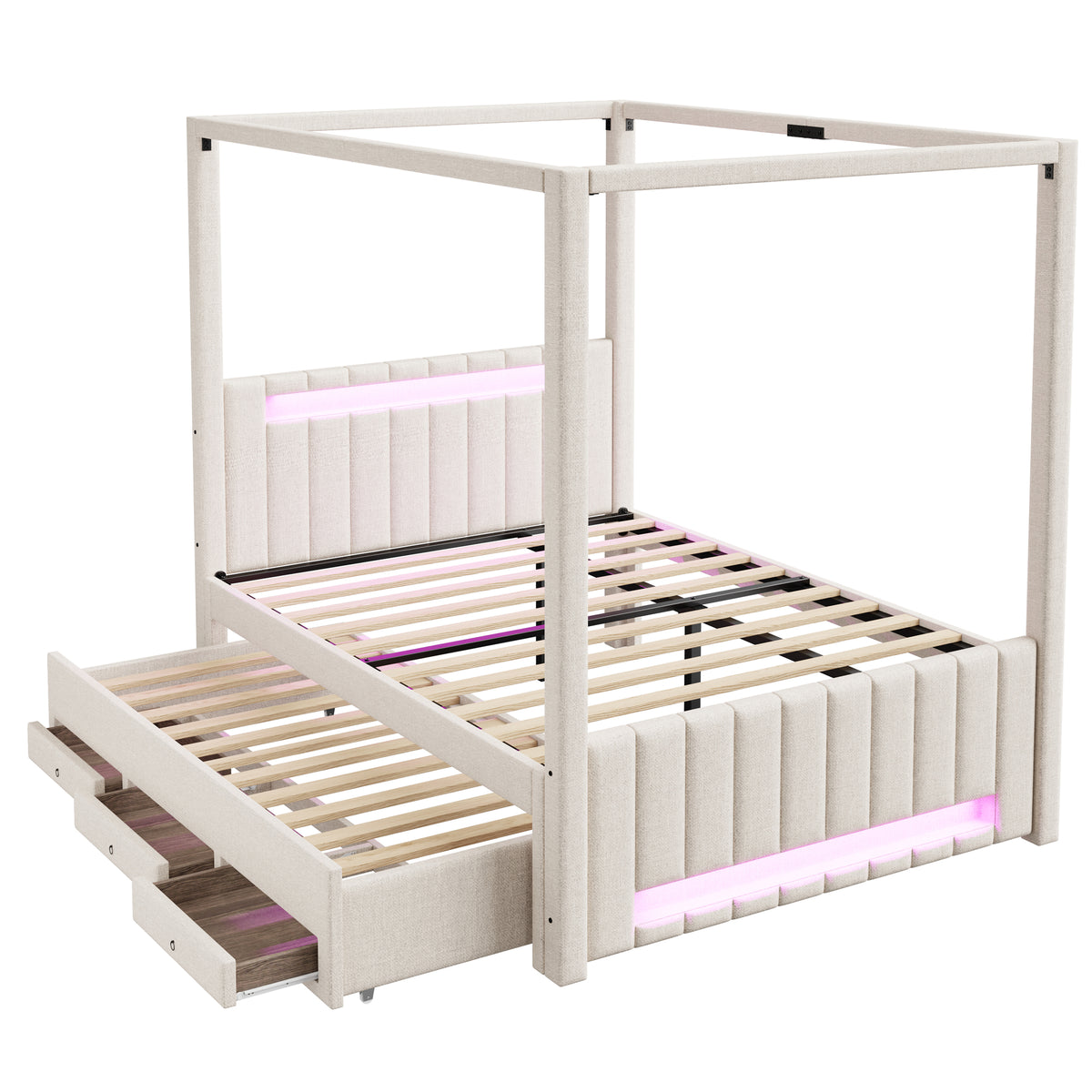 Upholstered Four-Poster Bed 140x200cm, 3 Drawers & LED, Beige