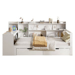 Solid Wood Sofa Bed with Desk, Bookshelf, Storage, Power Outlet - White