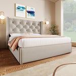 Hydraulic Upholstered Double Bed with Storage and Metal Slatted Base, 160x200cm, Light Grey Cotton
