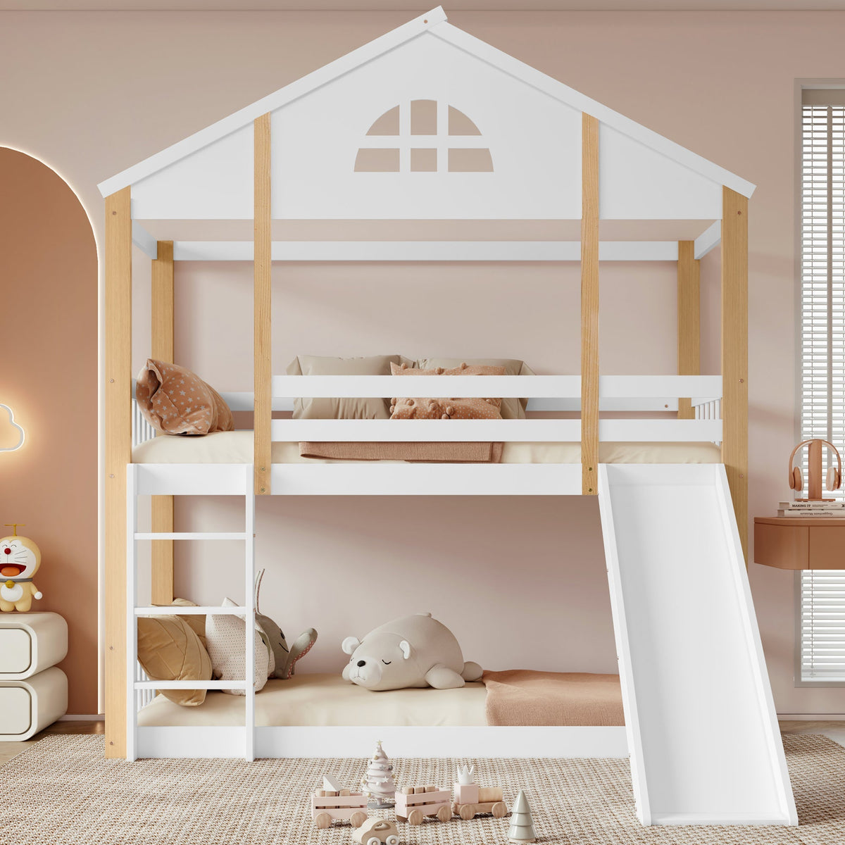 Bunk Bed with Slide & Ladder, House Bed with Fences, Solid Wood, White+Natural, 90x200cm