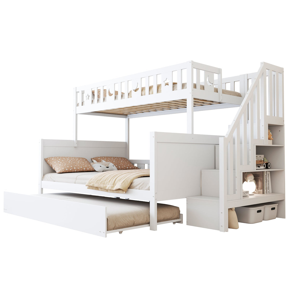 Children's Bunk Bed 90x200/140x200cm Safety Stairs Rollaway Bed Slatted Base, Solid Wood White