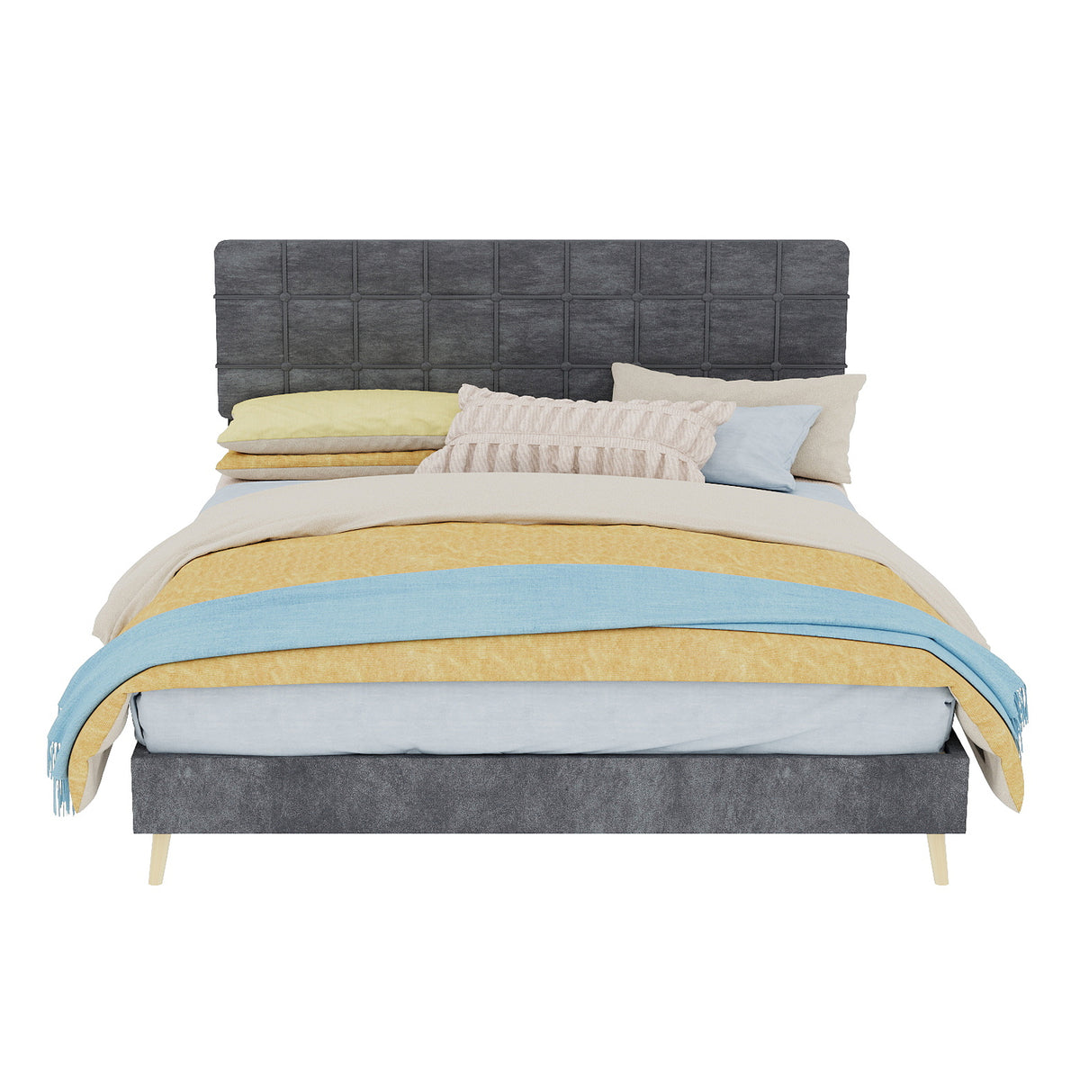 Modern Double Bed with Plaid Headboard 160x200cm, Dark Gray Fabric