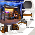 Loft Bed 90x200cm with Desk, LED Lighting & Storage, Black