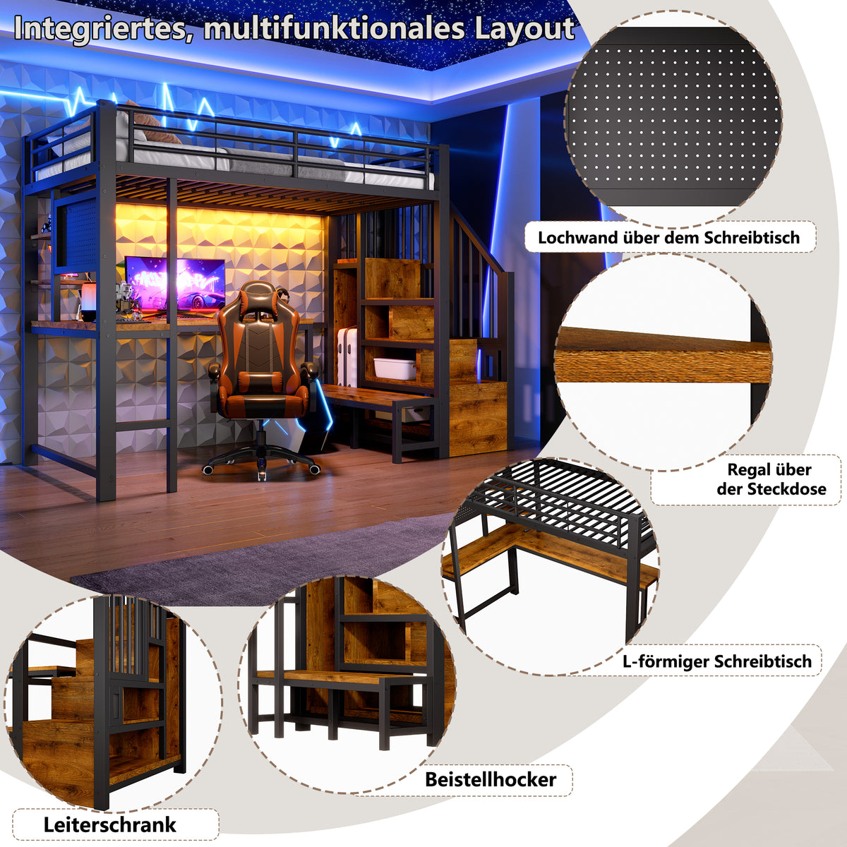 Loft Bed 90x200cm with Desk, LED Lighting & Storage, Black