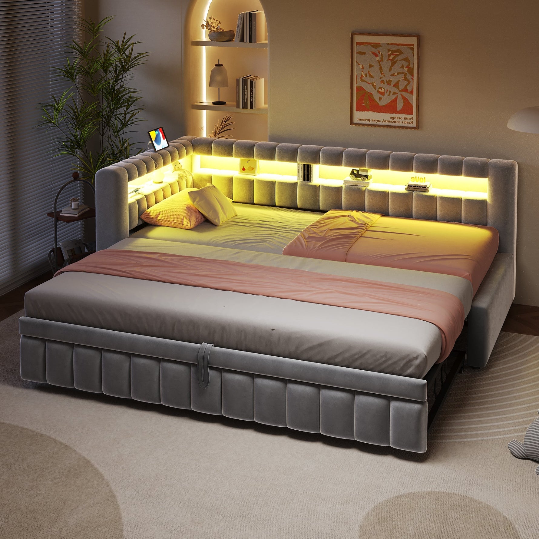 Upholstered Extendable Sofa Bed with LED Lighting, USB Port and Striped Pattern, 90x200cm, Light Grey Velvet