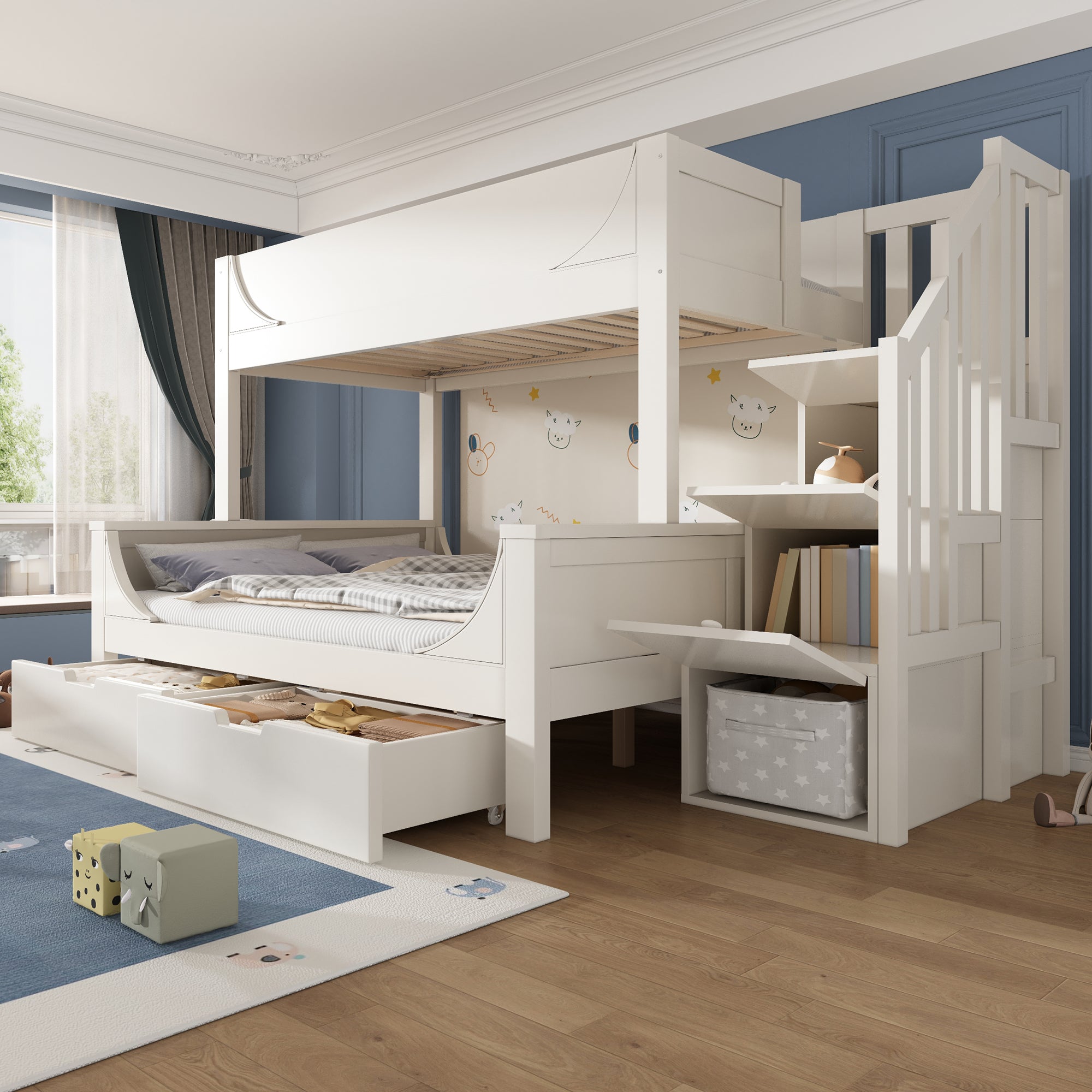 Bunk Bed with Ladder, Wardrobe, & Drawers, Sleigh Design 90/140x200cm Wooden White