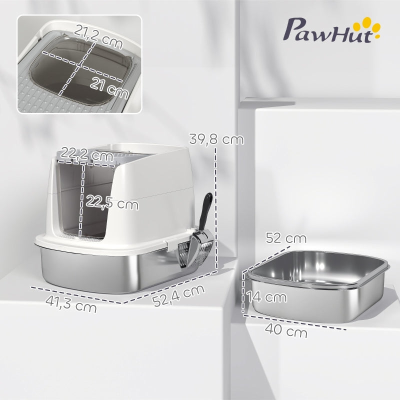 Stainless Steel Cat Litter Box, Enclosed with Scoop, Odor Bag, Entry/Exit