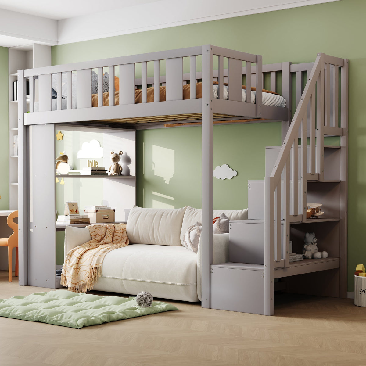 Loft Bed, 90 x 200 cm, Storage Stairs & Compartments, Wood, Grey