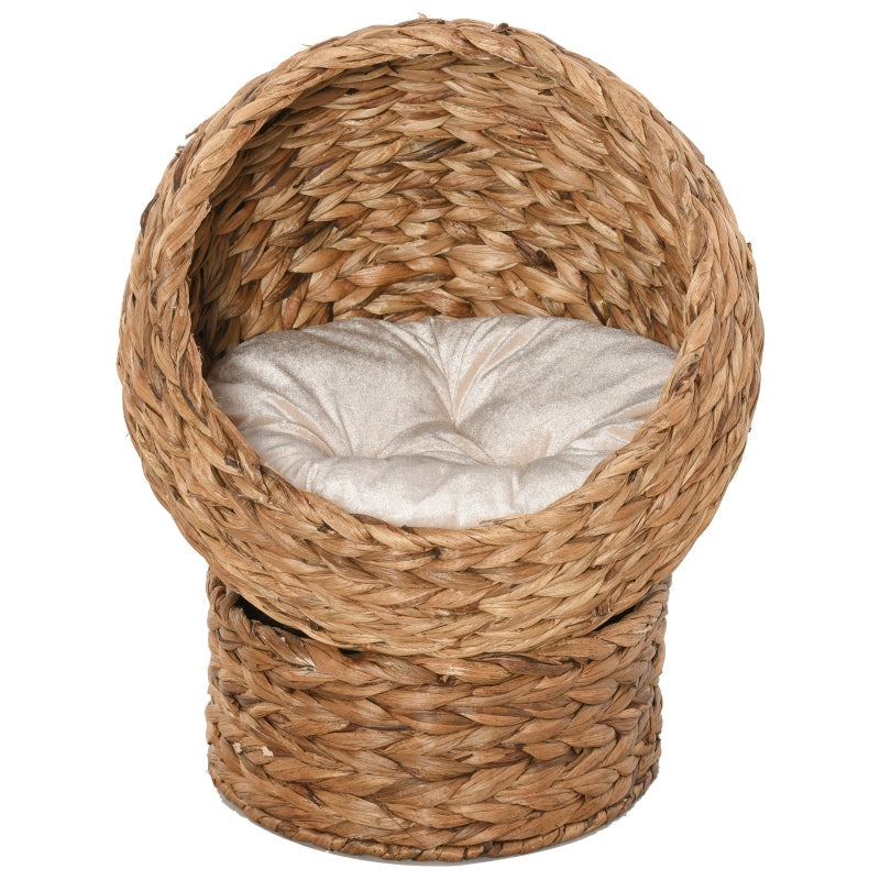 Cat Basket, Cave Hut Bed with Cushion, Water Hyacinth Brown