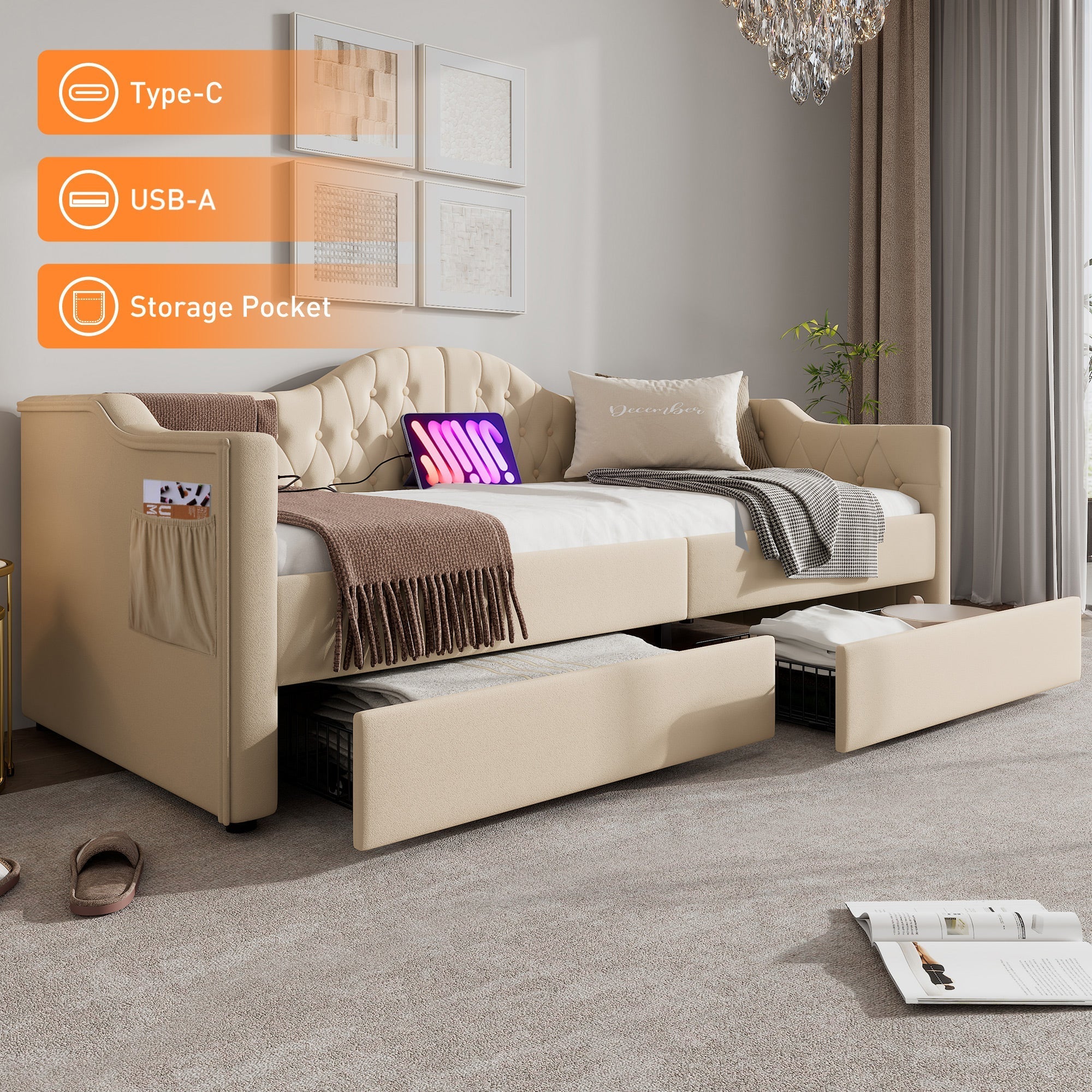 Upholstered Bed, Daybed Sofa Bed with USB C & 2 Drawers, 90x200cm Beige Velvet