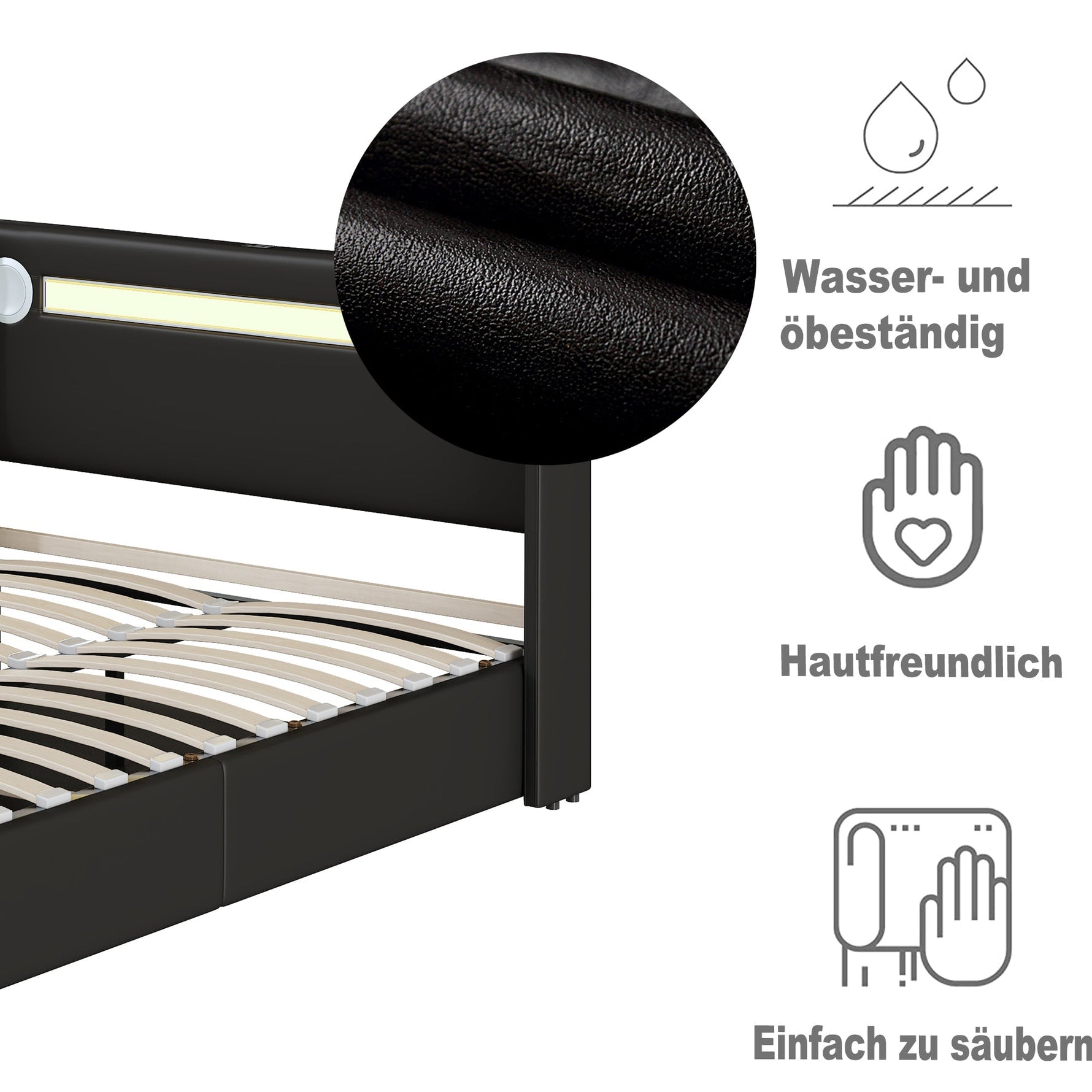 Upholstered Bed, 160x200cm LED & Bluetooth Storage, Black PU Leather
