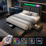 Upholstered Double Bed 180x200cm with LED & 4 Drawers, Grey