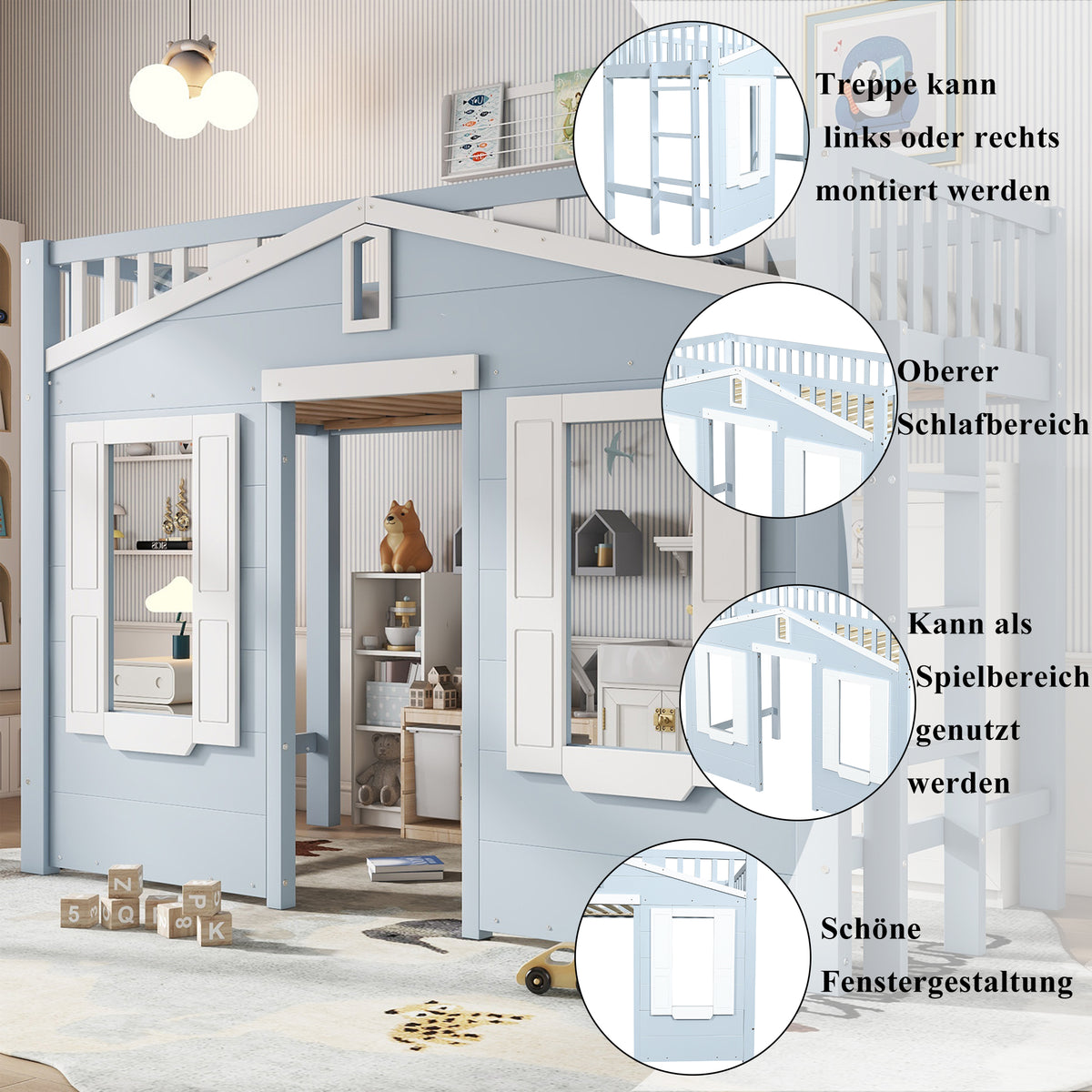 Children's Loft Bed 90x200cm with Ladder & Window, Blue Wood