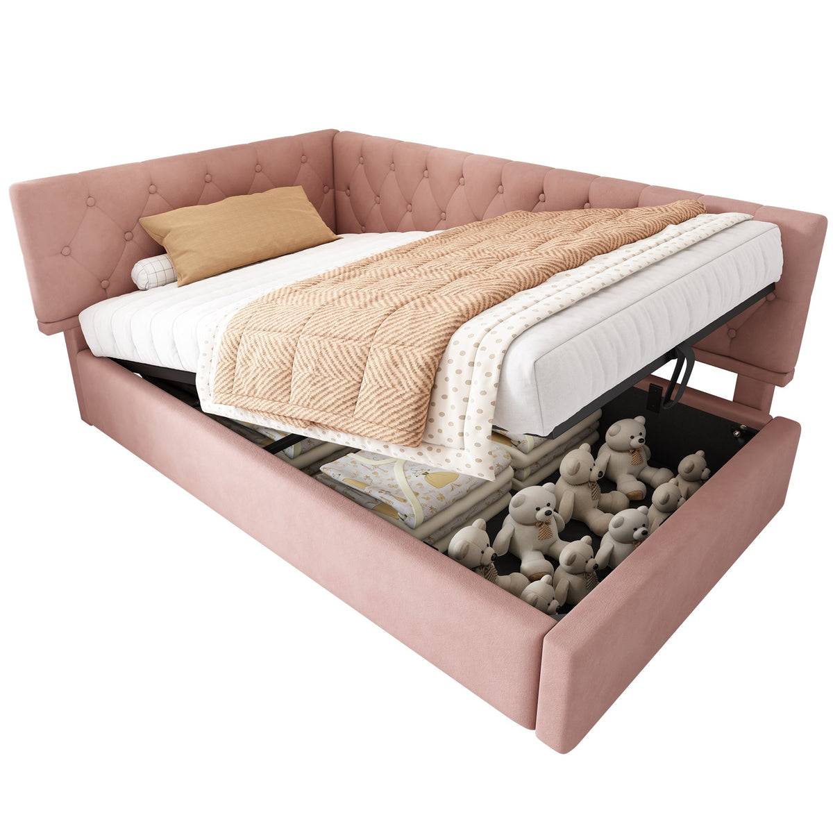 Upholstered Daybed, 90x190cm Sofa Bed with Hydraulic Storage, Velvet Pink