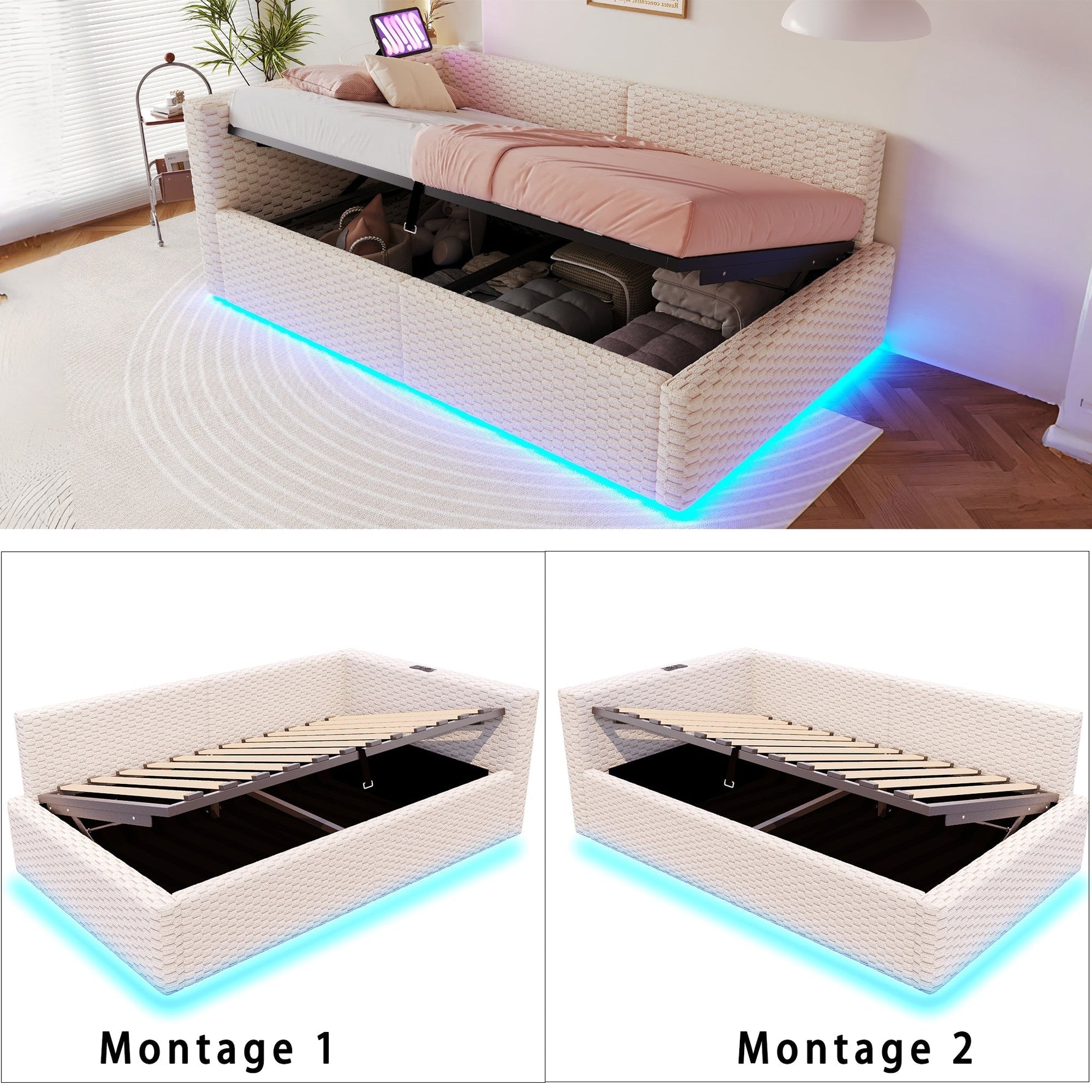 Upholstered Bed 90x200cm with LED Lighting, USB Ports and Hydraulic Storage, Beige Velvet