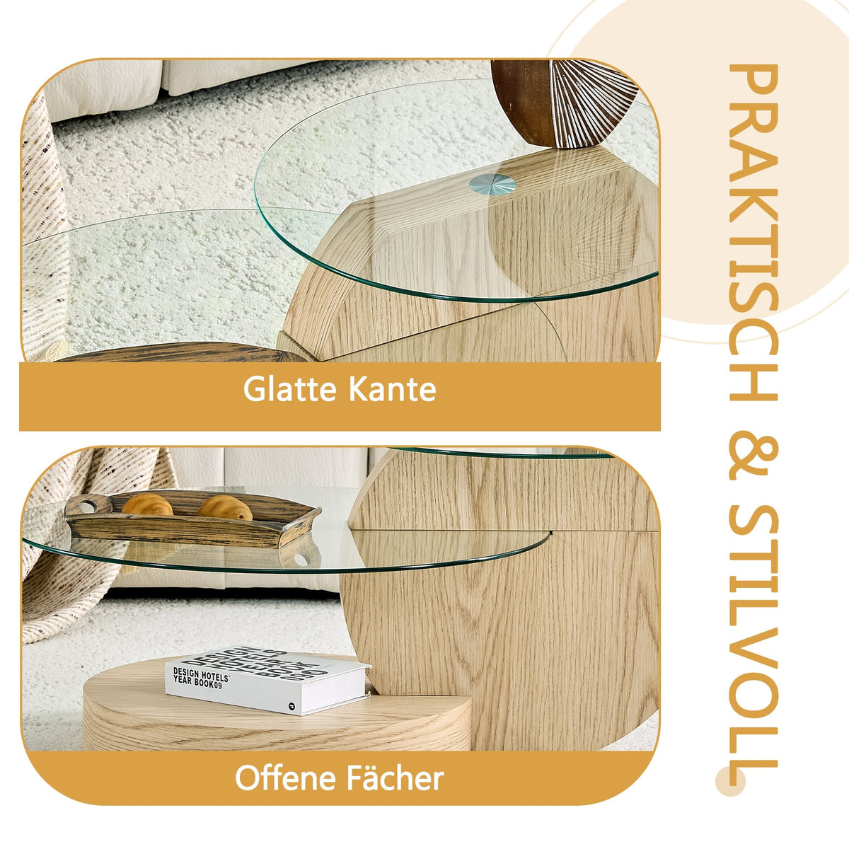 Modern Minimalist Two-Tiered Coffee Table with Safety Glass and Multi-Layered Design, Light Wood Grain MDF