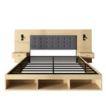 Double Bed with Storage, Charging Station, Reading Lamp and 2 Bedside Tables, 180x200cm, Light Oak Wood