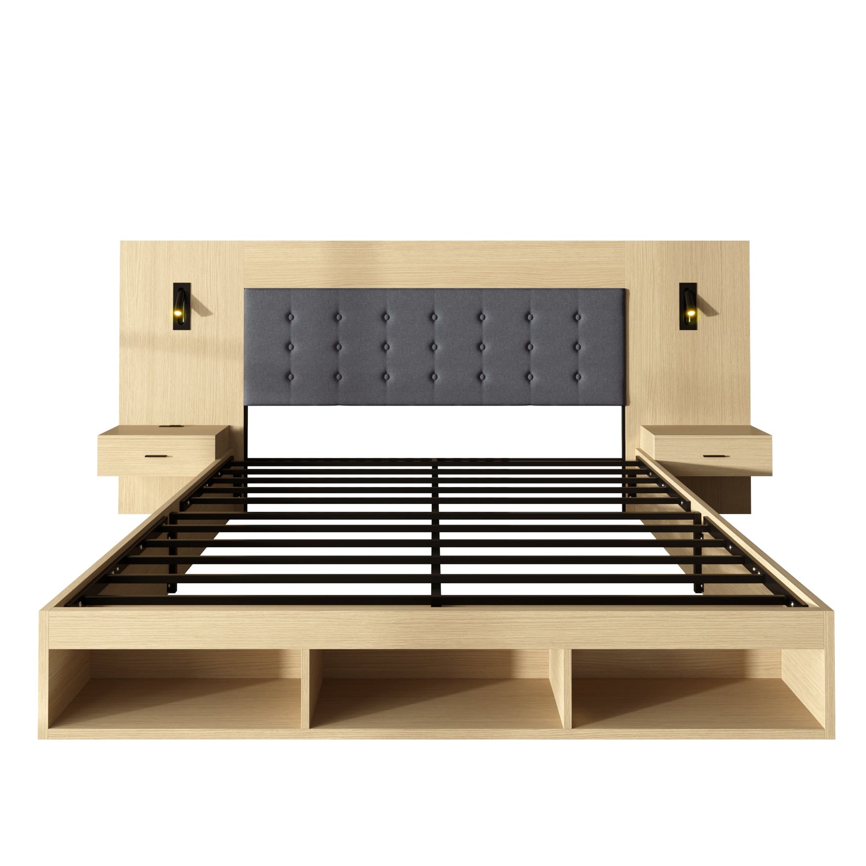 Double Bed with Storage, Charging Station, Reading Lamp and 2 Bedside Tables, 180x200cm, Light Oak Wood