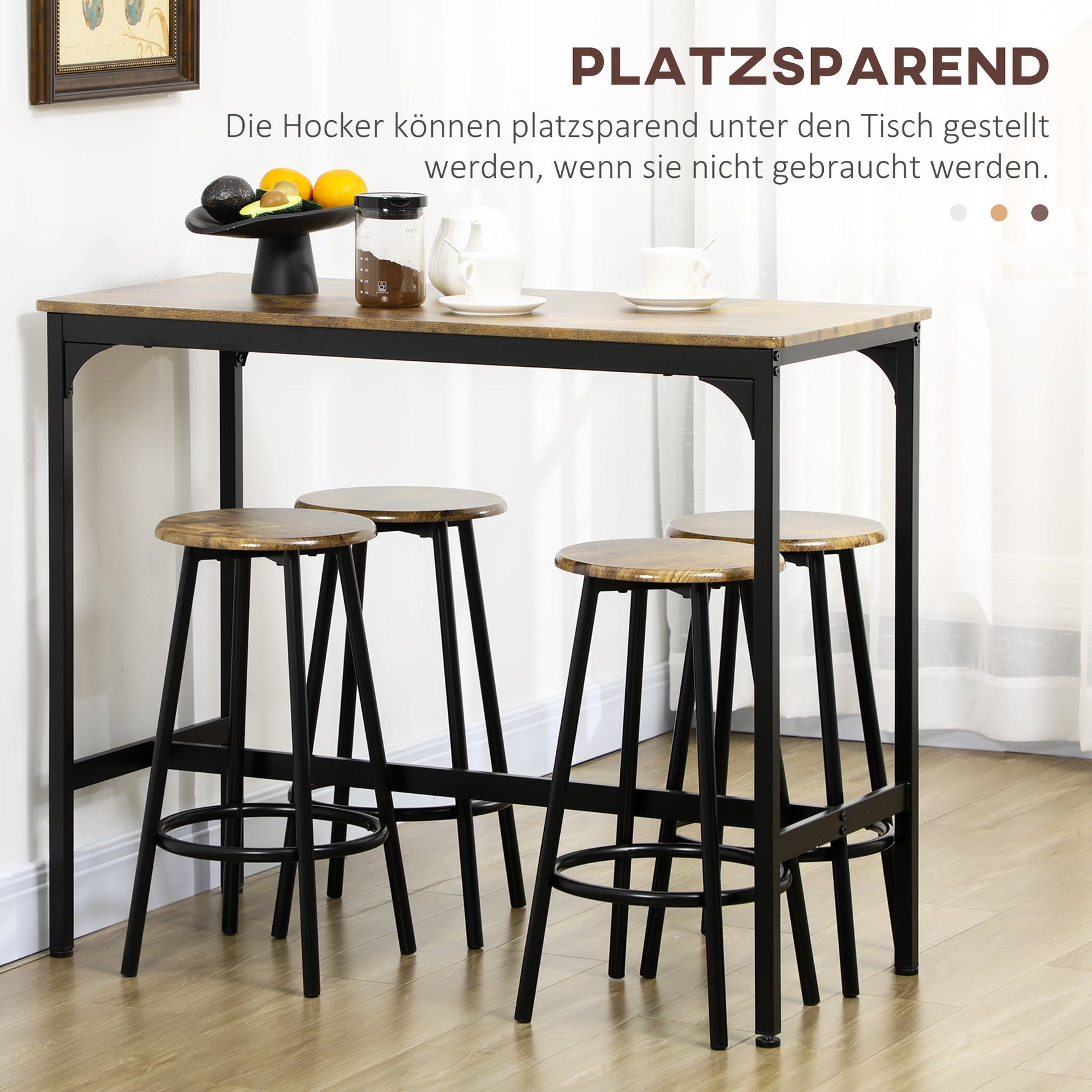 5-Piece Bar Table Set, 4 Bar Stools Industrial Design Rustic Brown Metal