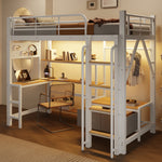 Loft Bed 90x200cm with Desk, Shelves & LED, White Iron Frame