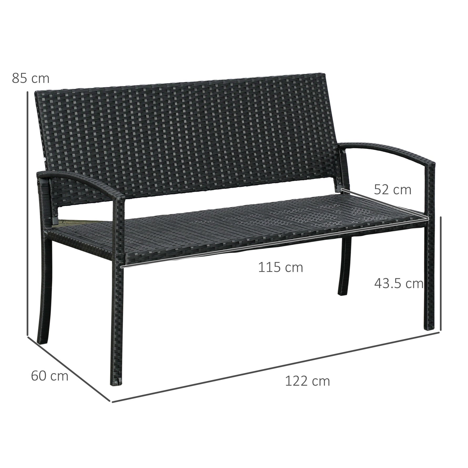 Polyrattan Garden Bench 2-Seater Park Bench Steel Frame Wicker, Black