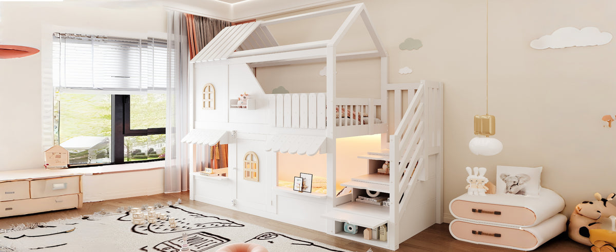 Children's House Bunk Bed 90x200cm with Storage Ladder & LED, White