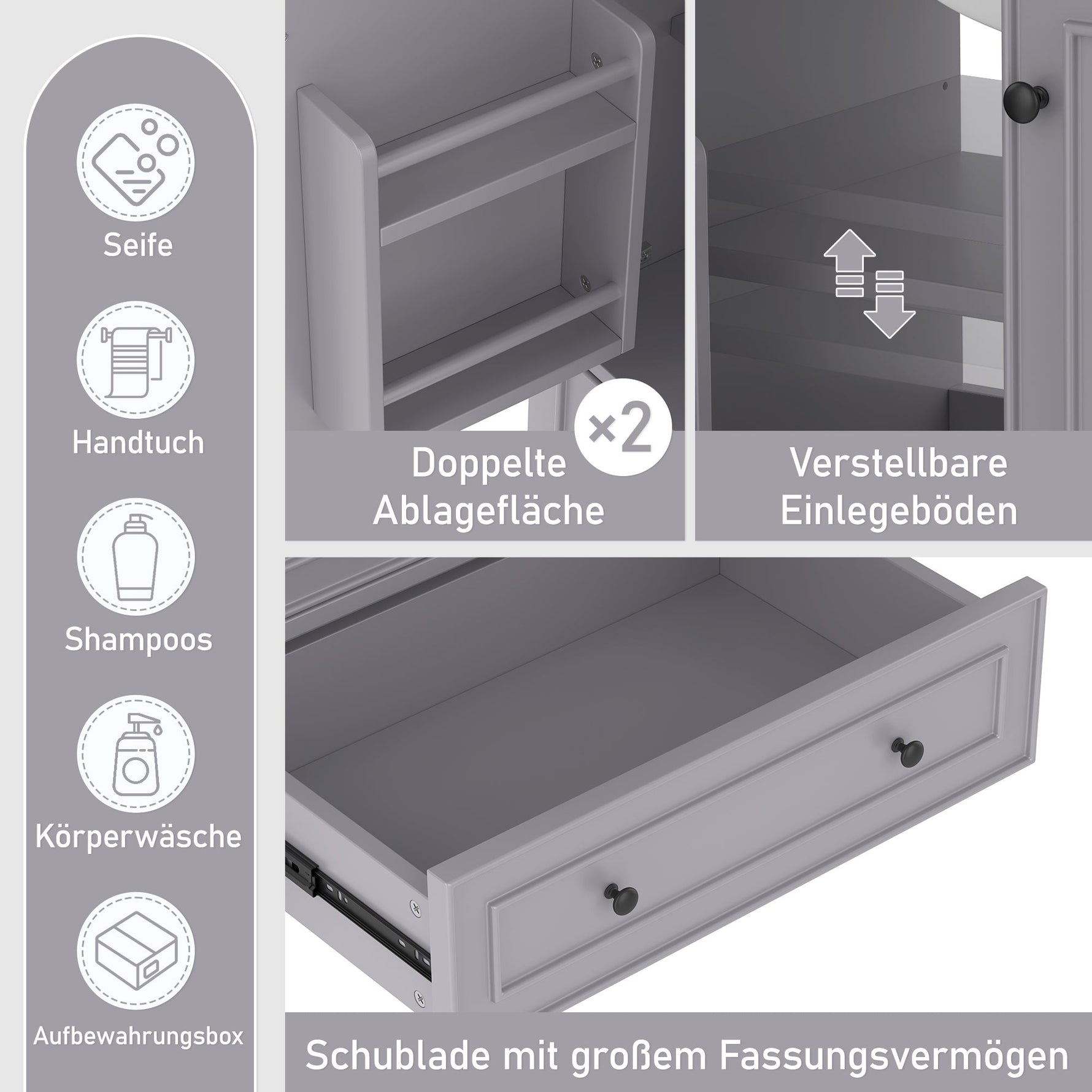 Floor-standing Bathroom Cabinet with Integrated Ceramic Washbasin and Solid Wood Legs, Grey