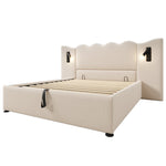 Upholstered Double Bed 160×200, Reading Lamp & USB-C, Storage, Solid Wood & Metal, Beige Linen