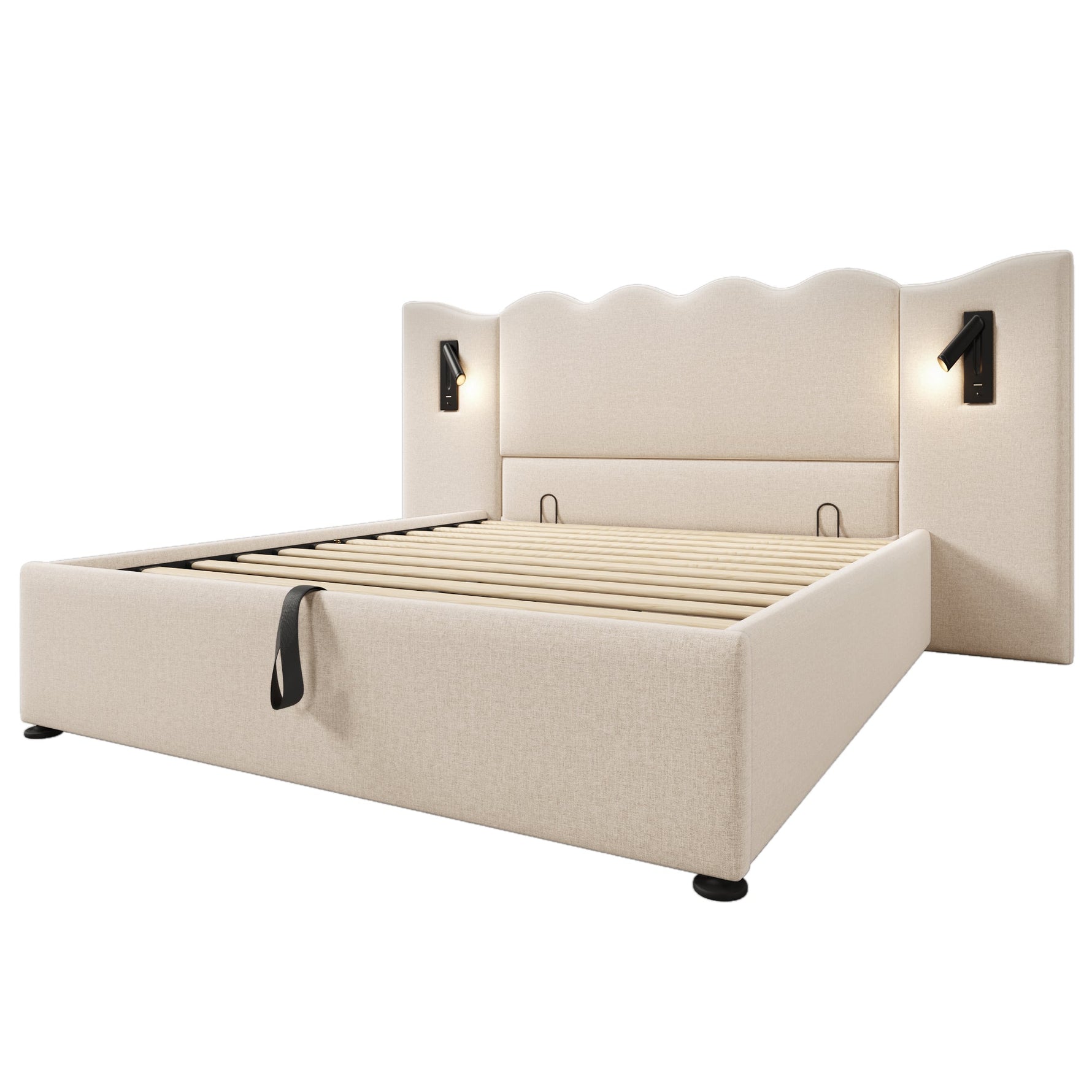 Upholstered Double Bed 160×200, Reading Lamp & USB-C, Storage, Solid Wood & Metal, Beige Linen