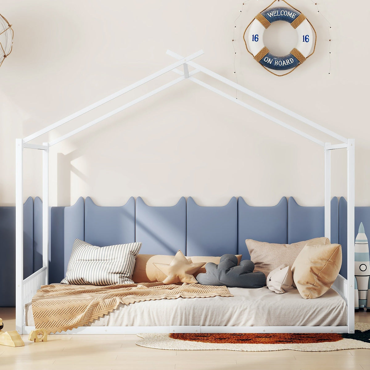 Upholstered Bed 140x200cm Iron Frame House Design - White