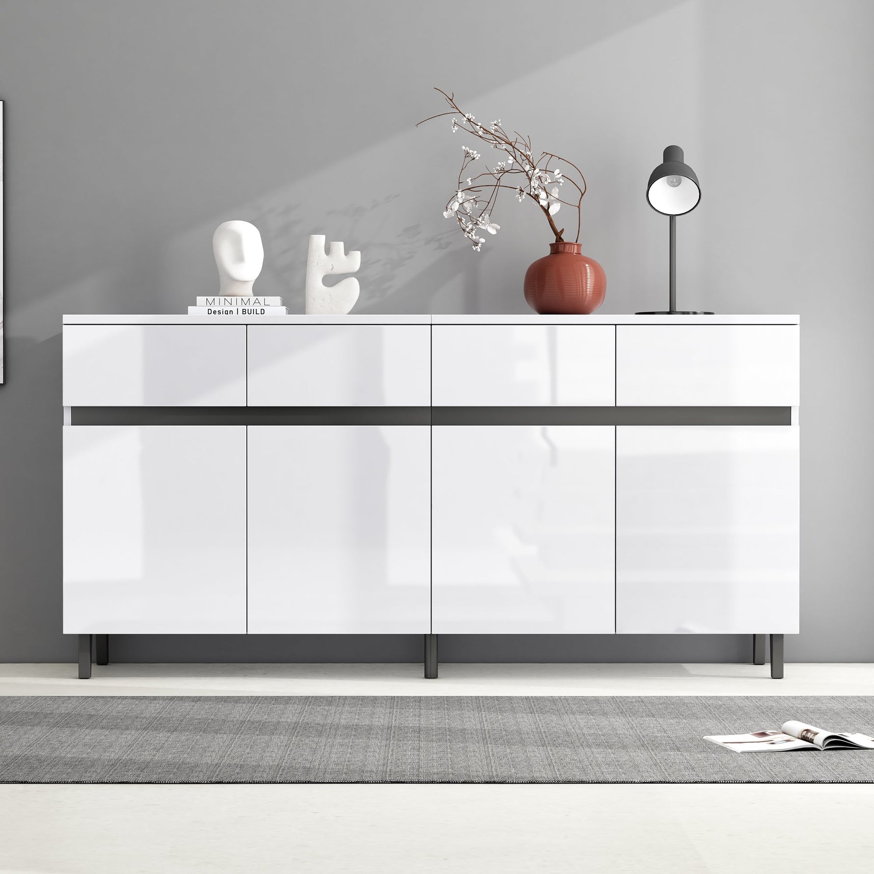 High-Gloss Sideboard 4 Drawers 2 Doors Adjustable Shelves