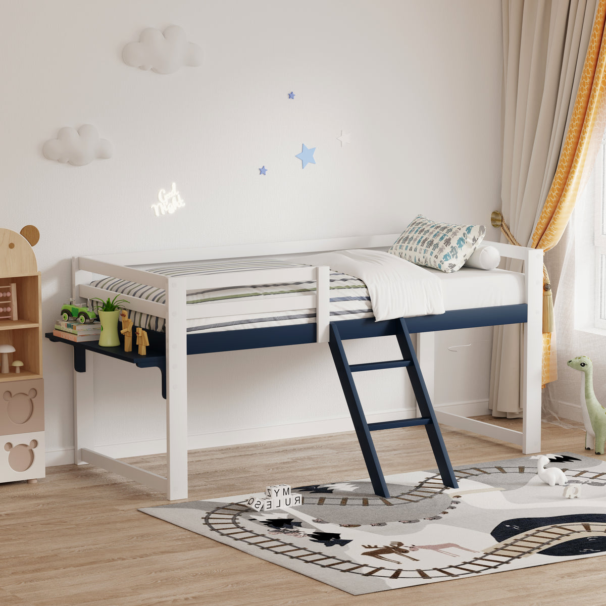 Children's Loft Bed 90x200 cm with Ladder & Table, White-Navy Blue