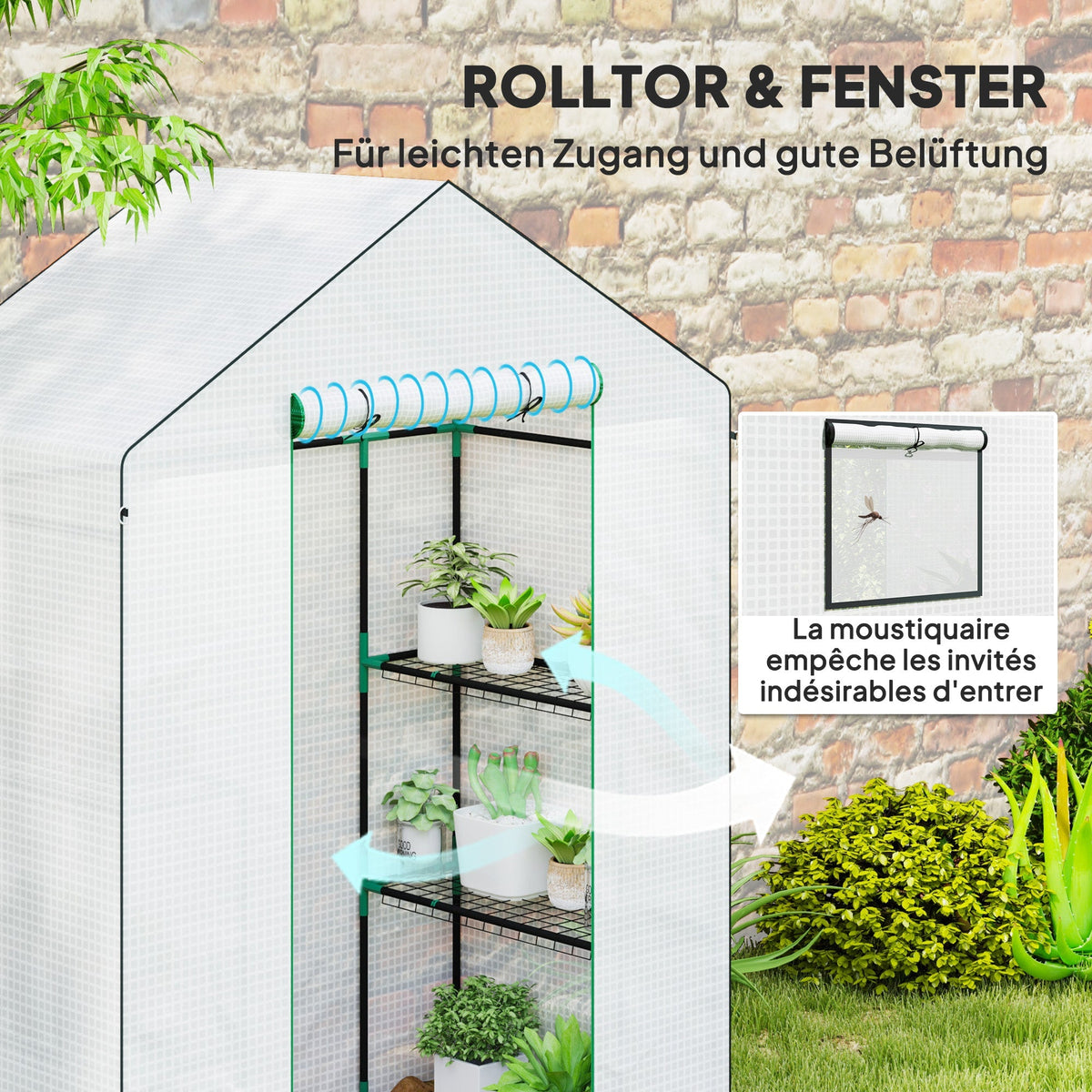 Greenhouse, Roll-Up Door, Window, Shelves, 143x74x190cm, White