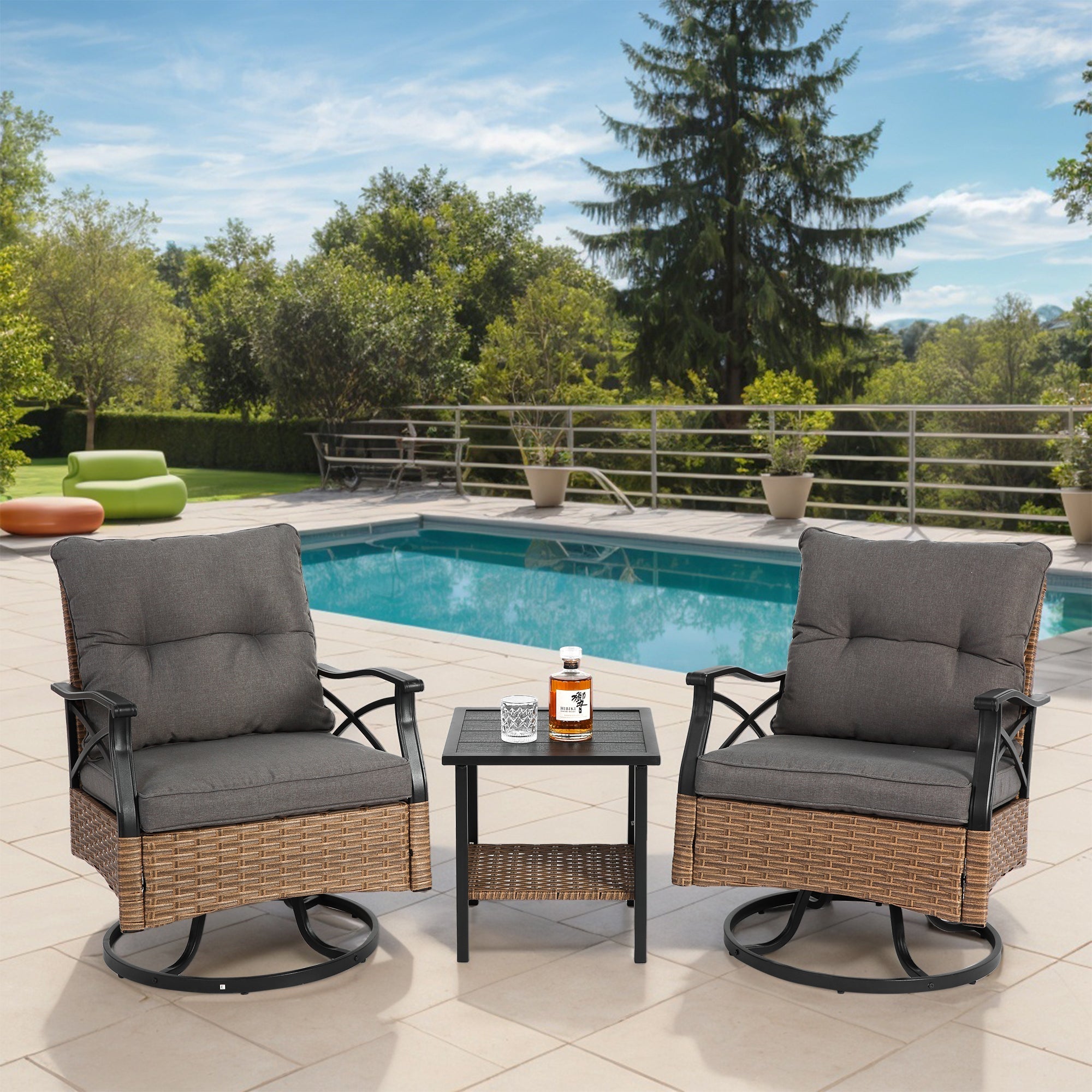 Outdoor Swivel Rocking Chair Set, 3 Pieces with 1 Table and 2 Chairs, 350lb Support, Brown Wicker