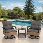 Outdoor Swivel Rocking Chair Set, 3 Pieces with 1 Table and 2 Chairs, 350lb Support, Brown Wicker