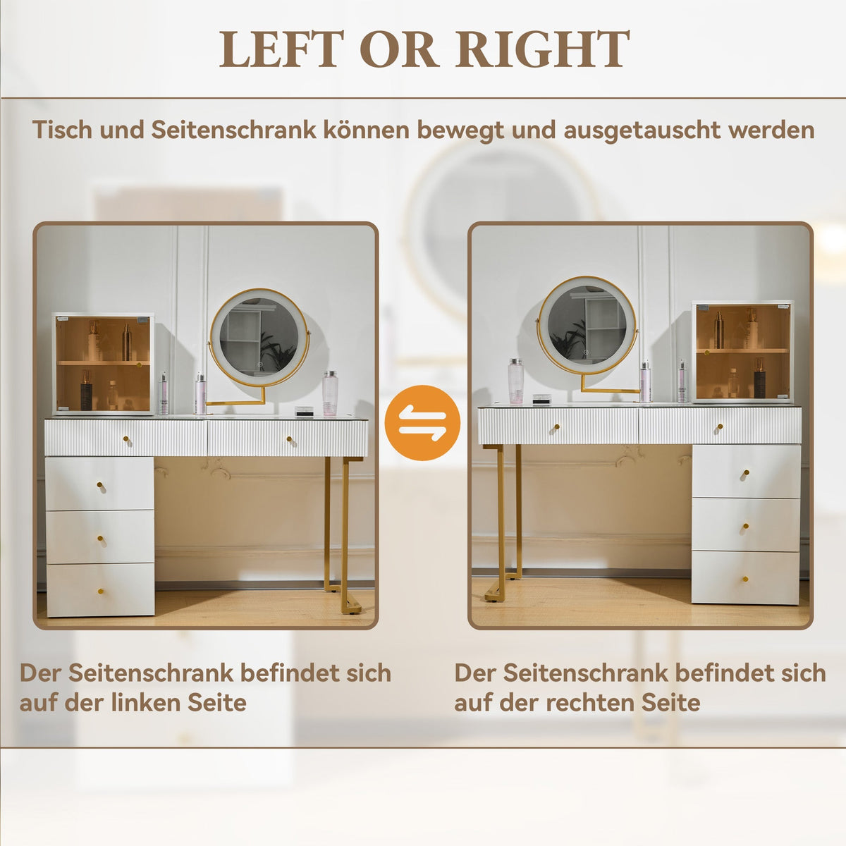 Dressing table set with LED-illuminated mirror, transparent tempered glass tabletop, side cabinet, white