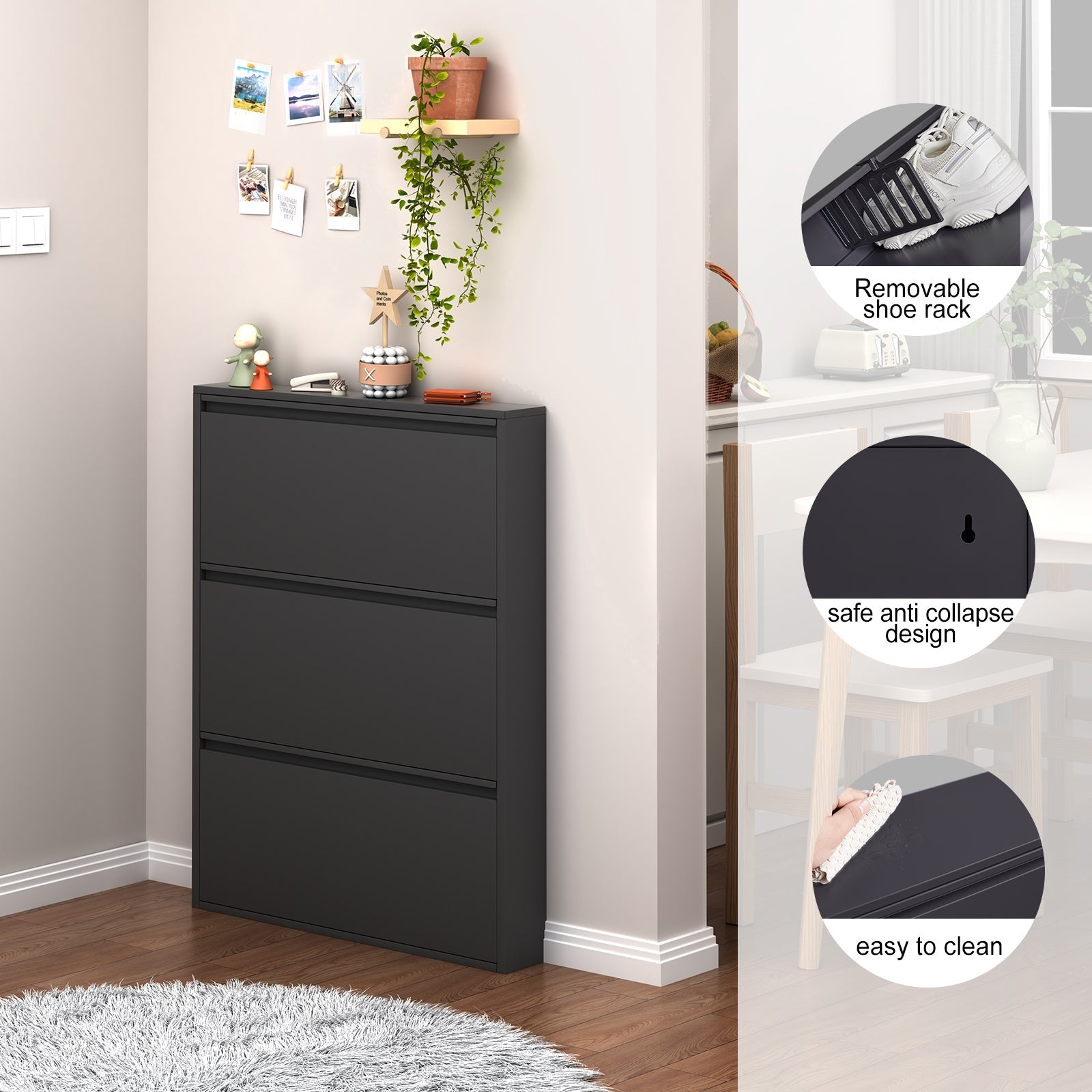 Metal Shoe Cabinet with 3 Flip Drawers and Wall Mount for Entryway, Black Metal